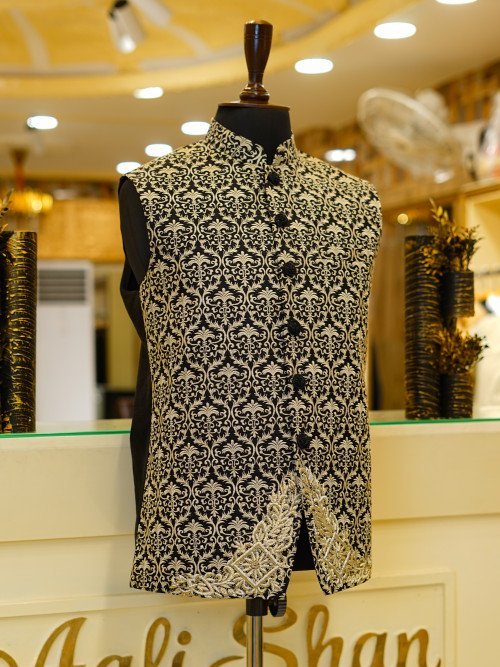 Black Waistcoat with Subtle Skin-Tone Embroidery