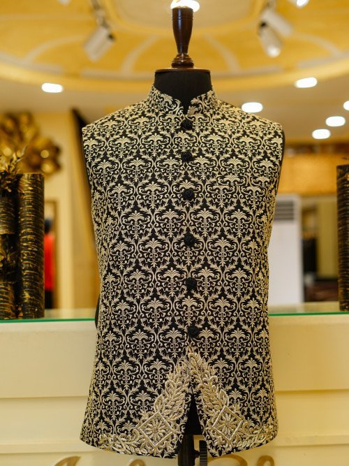 Black Waistcoat with Subtle Skin-Tone Embroidery