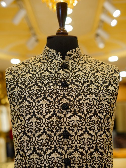 Black Waistcoat with Subtle Skin-Tone Embroidery