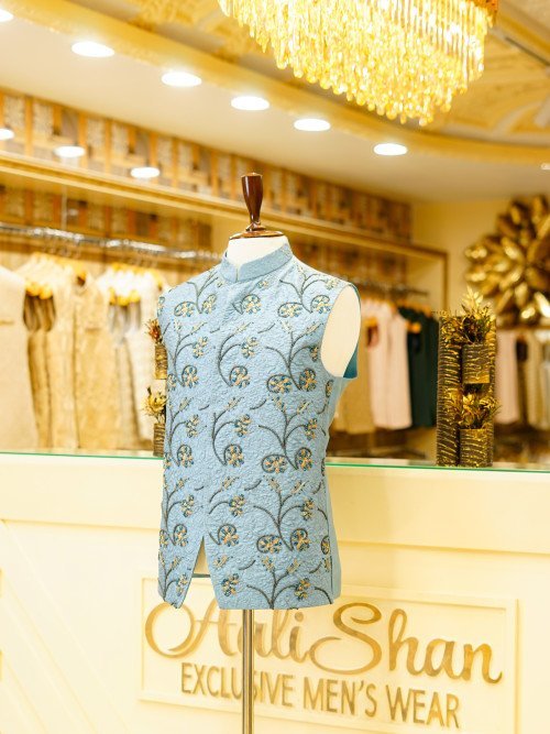 Frozi-Colored Waistcoat with Fallower Embroidery