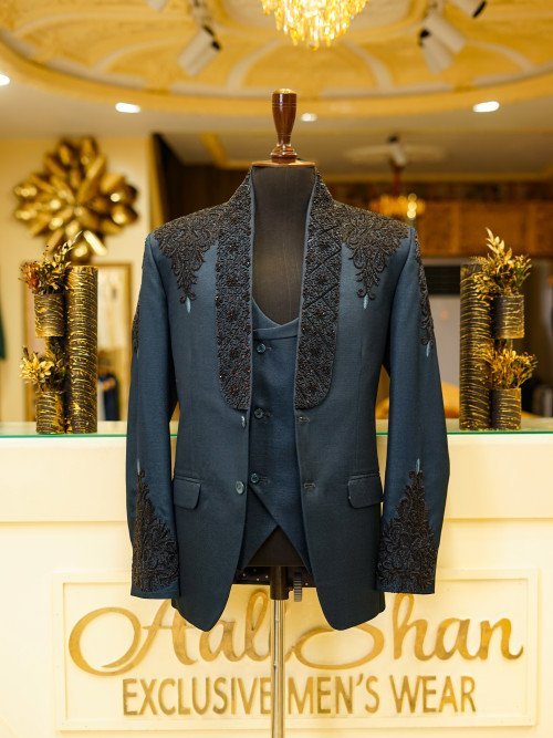 Exquisite Black Handmade Embroidered 3-Piece Suit for Men