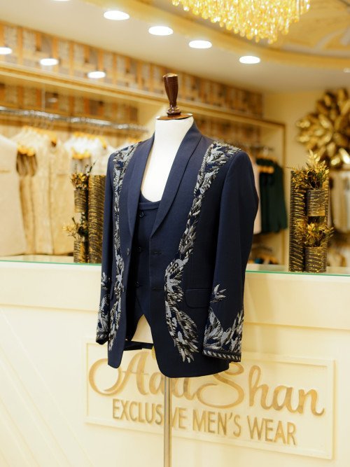 Navy-Blue Embroidered 3-Piece Suit – Timeless Sophistication