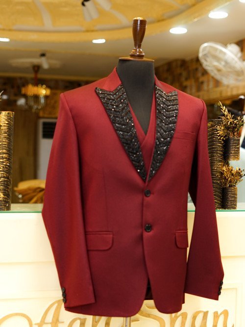 Red 3-Piece Suit with Black Embroidery – Bold Luxury Redefined