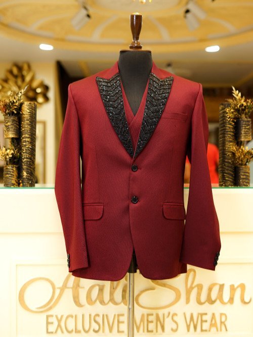 Red 3-Piece Suit with Black Embroidery – Bold Luxury Redefined