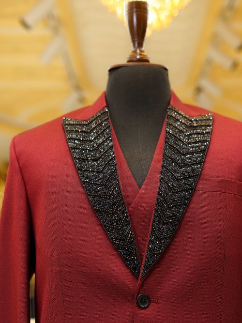 Red 3-Piece Suit with Black Embroidery – Bold Luxury Redefined