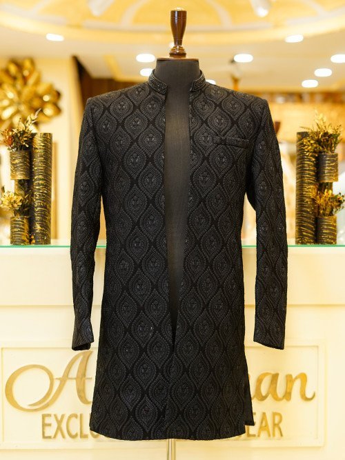 Front Open Black Embroidered Sherwani – Bold & Elegant