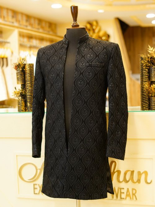 Front Open Black Embroidered Sherwani – Bold & Elegant