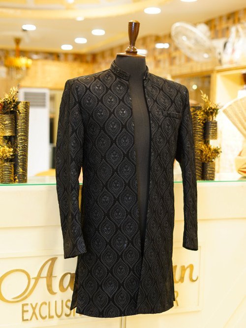 Front Open Black Embroidered Sherwani – Bold & Elegant