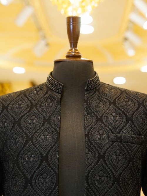 Front Open Black Embroidered Sherwani – Bold & Elegant