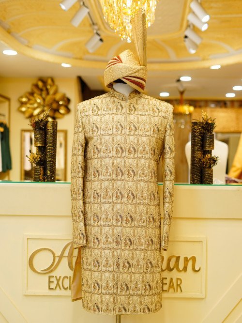 Skin-Toned Embroidered Sherwani with Kulla – Handcrafted Wedding Grace