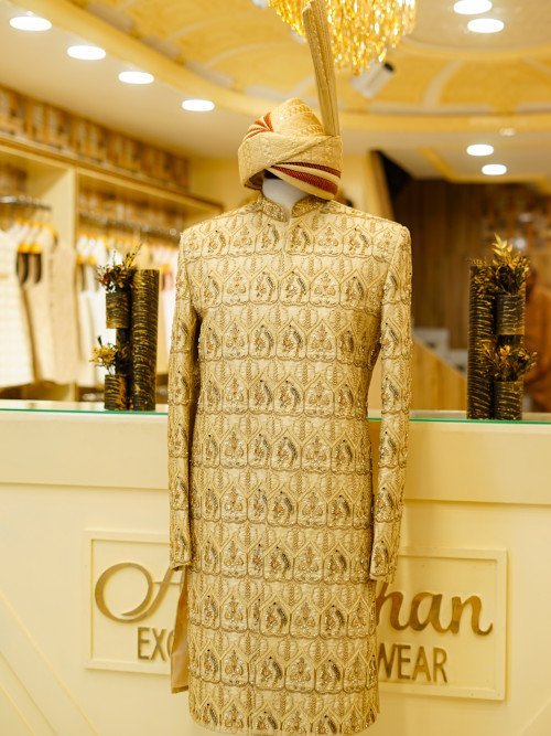 Skin-Toned Embroidered Sherwani with Kulla – Handcrafted Wedding Grace