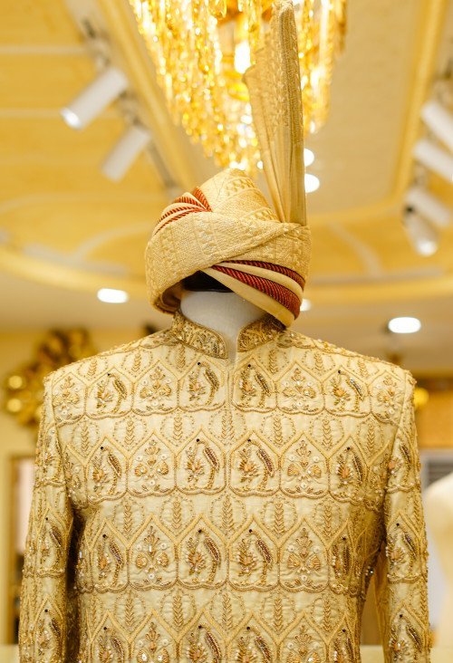 Skin-Toned Embroidered Sherwani with Kulla – Handcrafted Wedding Grace