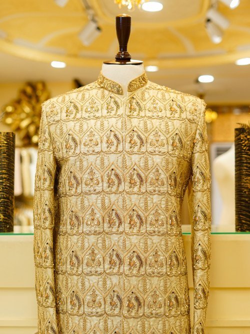 Skin-Toned Embroidered Sherwani with Kulla – Handcrafted Wedding Grace