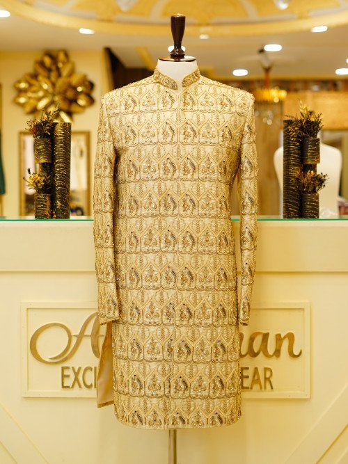 Skin-Toned Embroidered Sherwani with Kulla – Handcrafted Wedding Grace