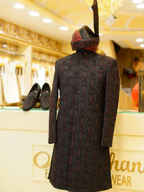 Black Sherwani with Kulla & Shoes – Red Embroidery Handcrafted Majesty