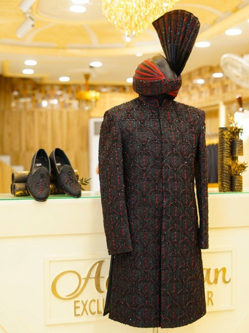 Black Sherwani with Kulla & Shoes – Red Embroidery Handcrafted Majesty