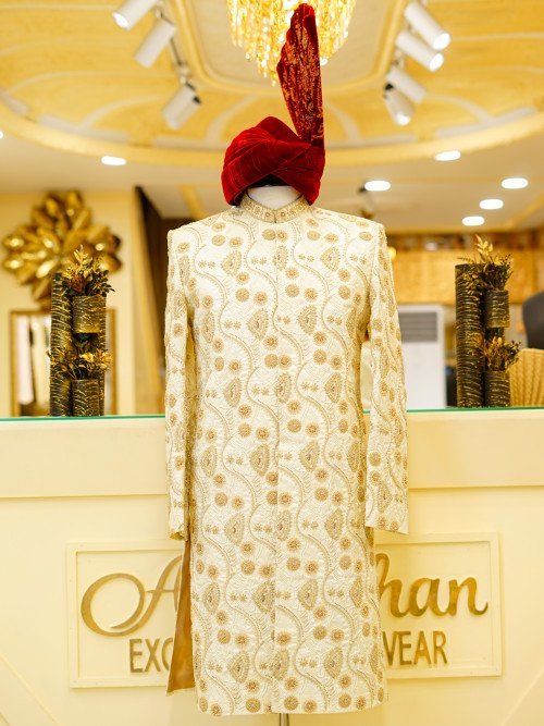 White Styled Sherwani with Kulla Wadding Wear– Skin Embroidery & Handcrafted Elegance