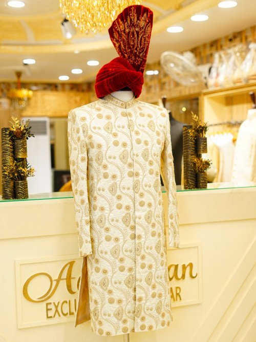 White Styled Sherwani with Kulla Wadding Wear– Skin Embroidery & Handcrafted Elegance