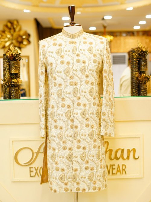 White Styled Sherwani with Kulla Wadding Wear– Skin Embroidery & Handcrafted Elegance