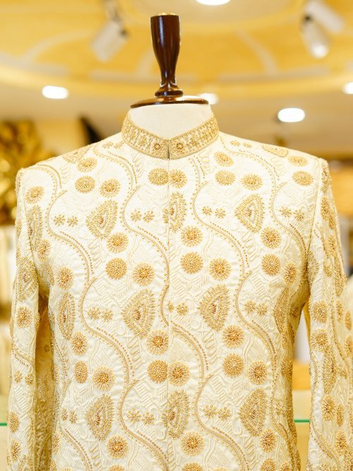 White Styled Sherwani with Kulla Wadding Wear– Skin Embroidery & Handcrafted Elegance