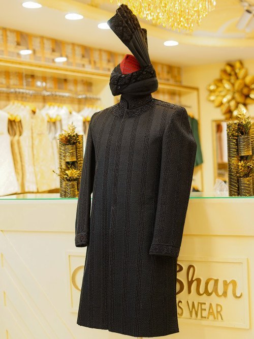 Black Sherwani with Kulla – Front & Back Embroidery Handcrafted Perfection