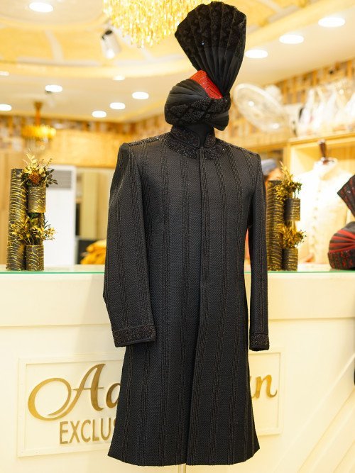 Black Sherwani with Kulla – Front & Back Embroidery Handcrafted Perfection