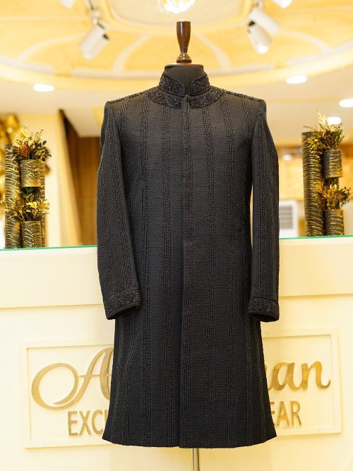 Black Sherwani with Kulla – Front & Back Embroidery Handcrafted Perfection