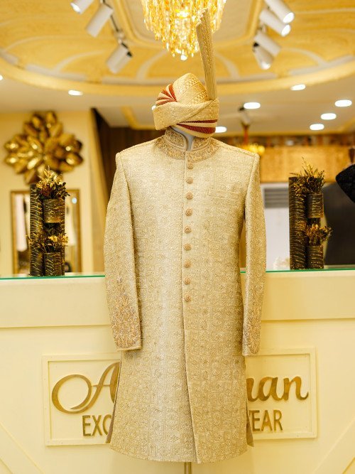 Skin-Styled Sherwani with Kulla – Front And Back Embroidery & Handwork Excellence