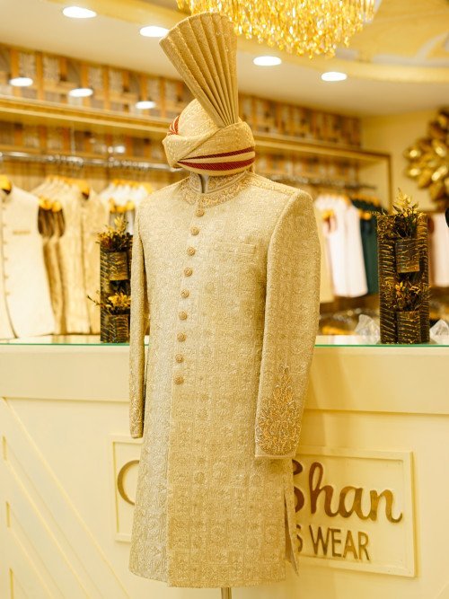 Skin-Styled Sherwani with Kulla – Front And Back Embroidery & Handwork Excellence