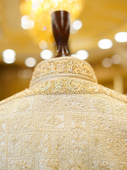 Skin-Styled Sherwani with Kulla – Front And Back Embroidery & Handwork Excellence