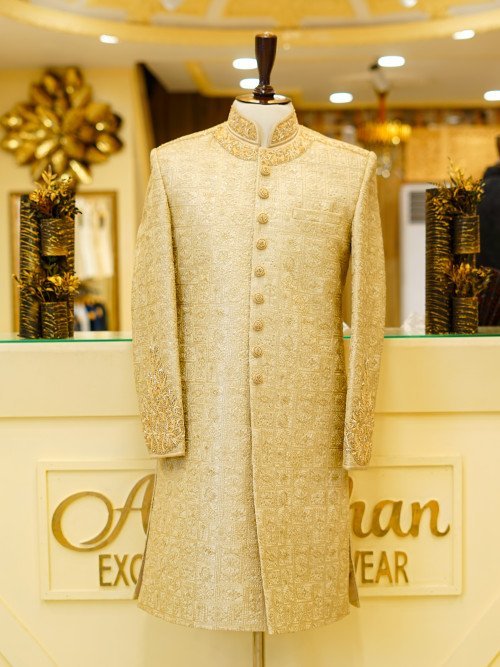 Skin-Styled Sherwani with Kulla – Front And Back Embroidery & Handwork Excellence
