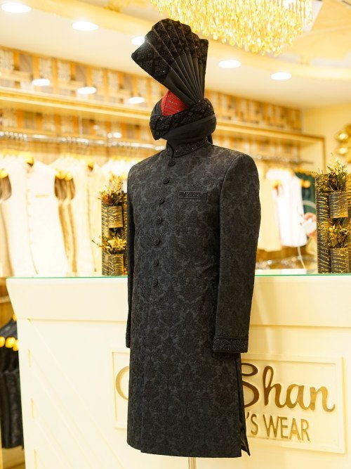 Black Styled Sherwani with Kulla – Elegant Embroidery Detailing