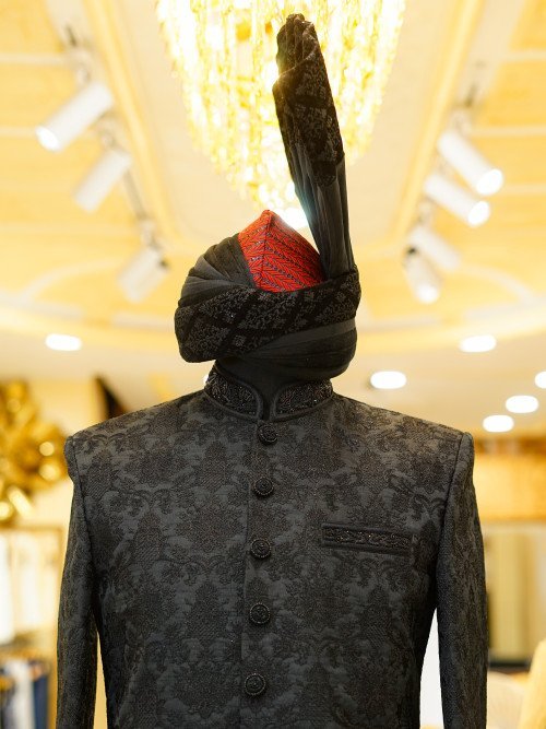 Black Styled Sherwani with Kulla – Elegant Embroidery Detailing