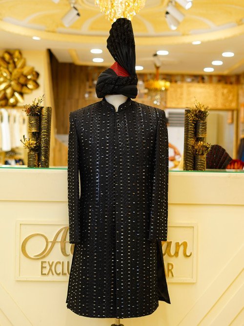 Black Fully Embroidered Sherwani with Kulla – Mirror Work Majesty