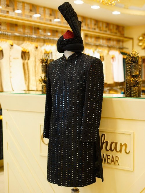 Black Fully Embroidered Sherwani with Kulla – Mirror Work Majesty