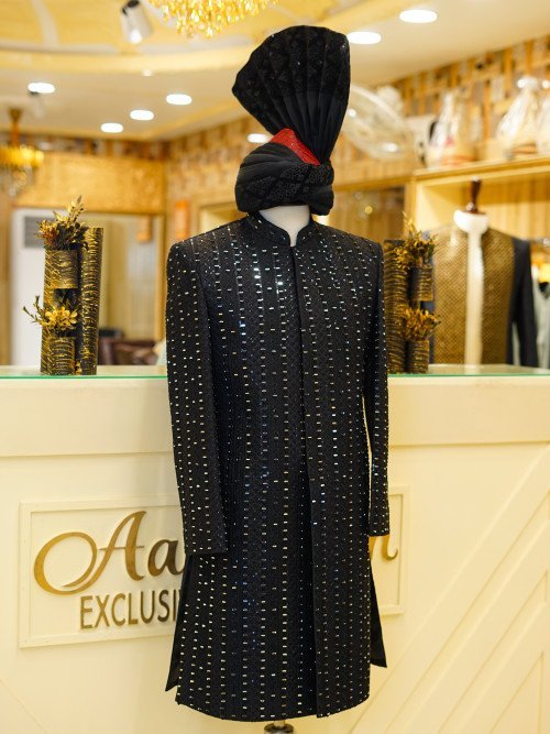 Black Fully Embroidered Sherwani with Kulla – Mirror Work Majesty