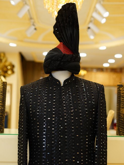 Black Fully Embroidered Sherwani with Kulla – Mirror Work Majesty