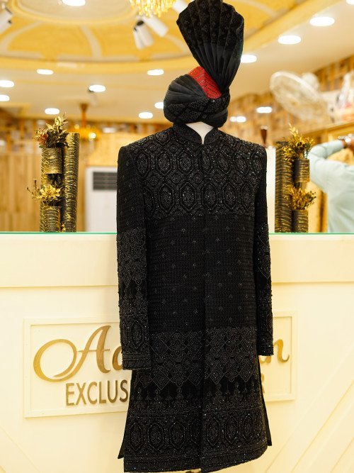 Black Fully Embroidered Sherwani with Kulla – Handwork Majesty