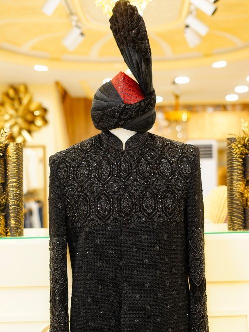 Black Fully Embroidered Sherwani with Kulla – Handwork Majesty
