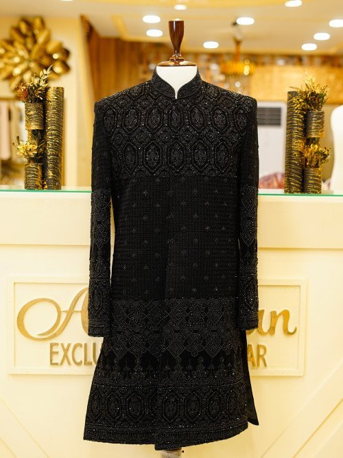 Black Fully Embroidered Sherwani with Kulla – Handwork Majesty