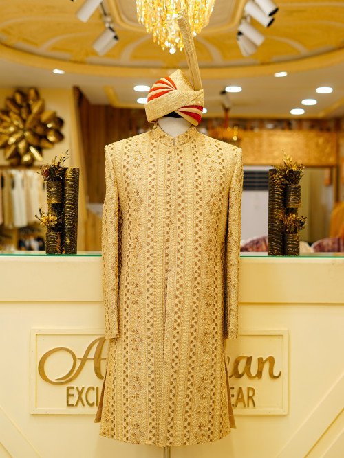 Skin-Toned Sherwani with Kulla – With Hand Work Embroidery Elegance