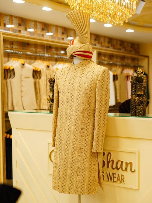 Skin-Toned Sherwani with Kulla – With Hand Work Embroidery Elegance