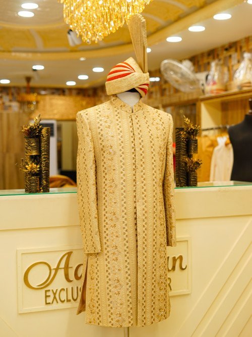 Skin-Toned Sherwani with Kulla – With Hand Work Embroidery Elegance