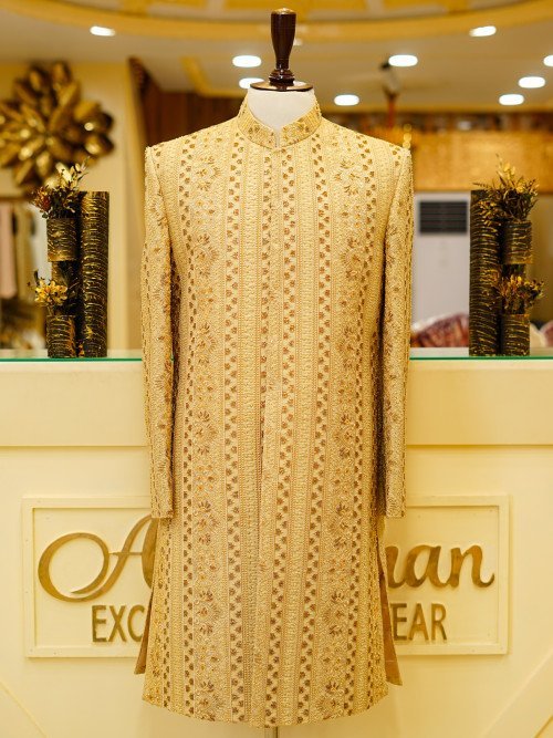 Skin-Toned Sherwani with Kulla – With Hand Work Embroidery Elegance