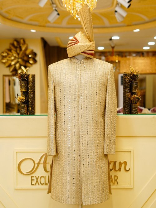 Embroidered Sherwani with Kulla – Mirror Work Elegance