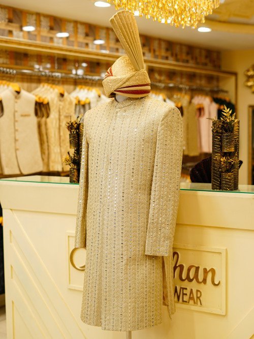 Embroidered Sherwani with Kulla – Mirror Work Elegance