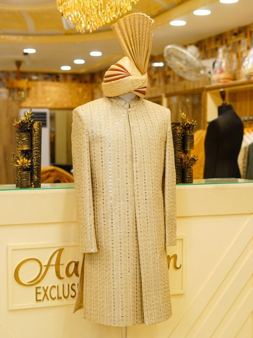 Embroidered Sherwani with Kulla – Mirror Work Elegance