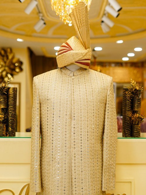 Embroidered Sherwani with Kulla – Mirror Work Elegance