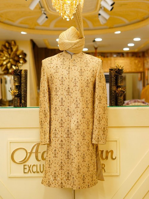 Skin-Toned Sherwani with Kulla – Handwork & Embroidery Excellence