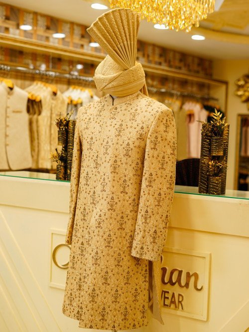 Skin-Toned Sherwani with Kulla – Handwork & Embroidery Excellence